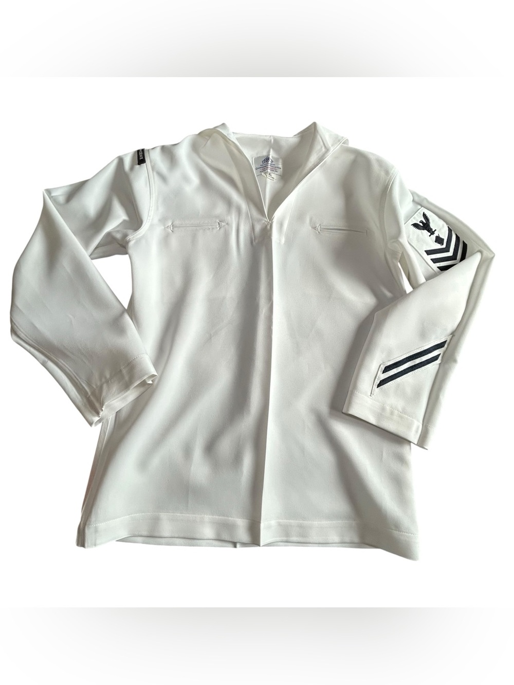 Men's White Sailor-Style Pullover with Navy Chevron Sleeve Detail